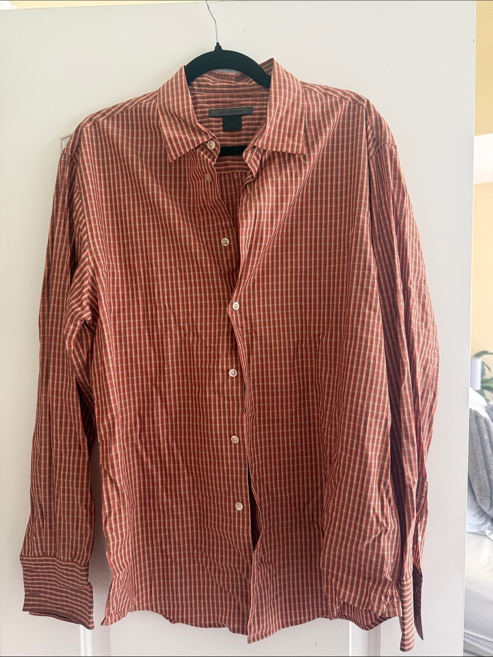 John Varvatos Men's Rust and White Check Button-Down Shirt